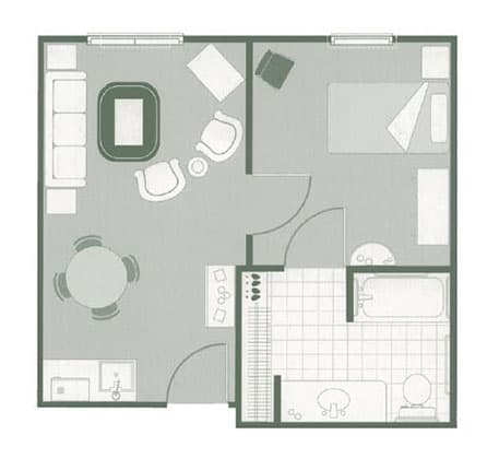 A compact apartment floor plan featuring a living room, bedroom, kitchen area, and bathroom.
