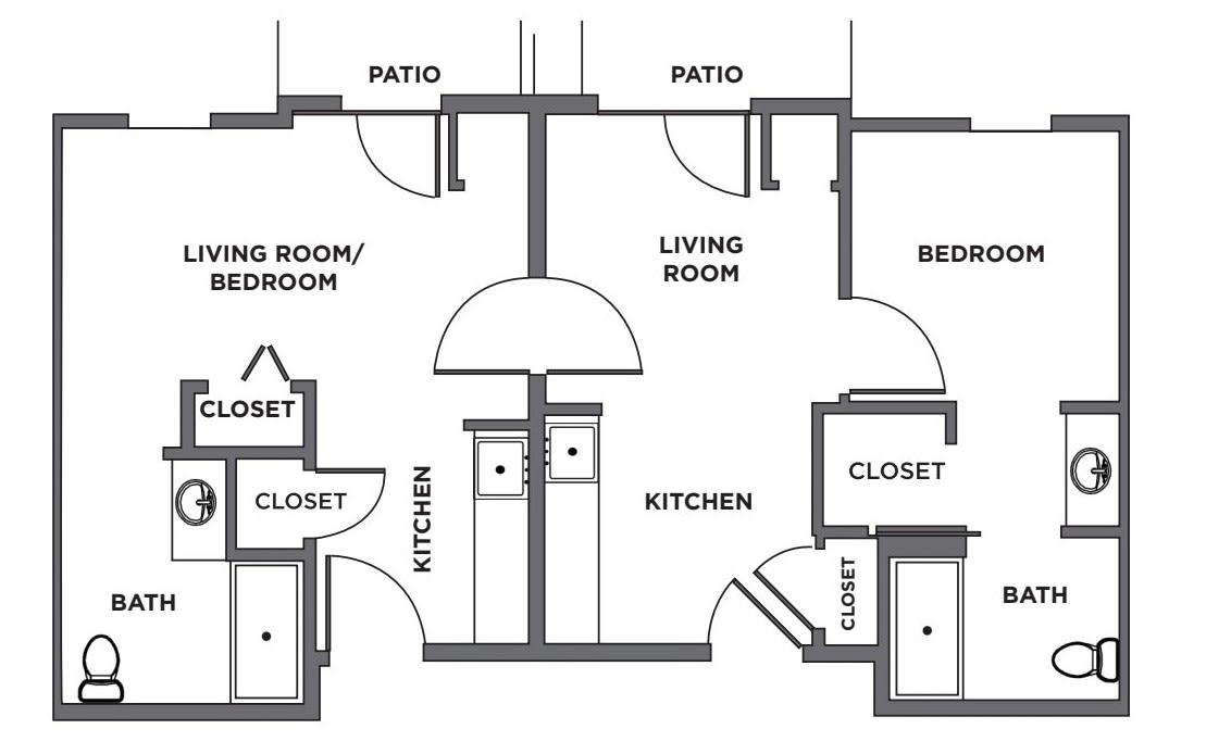 Floor plan layout of an apartment featuring a kitchen, living room, bedroom, closets, and patios.