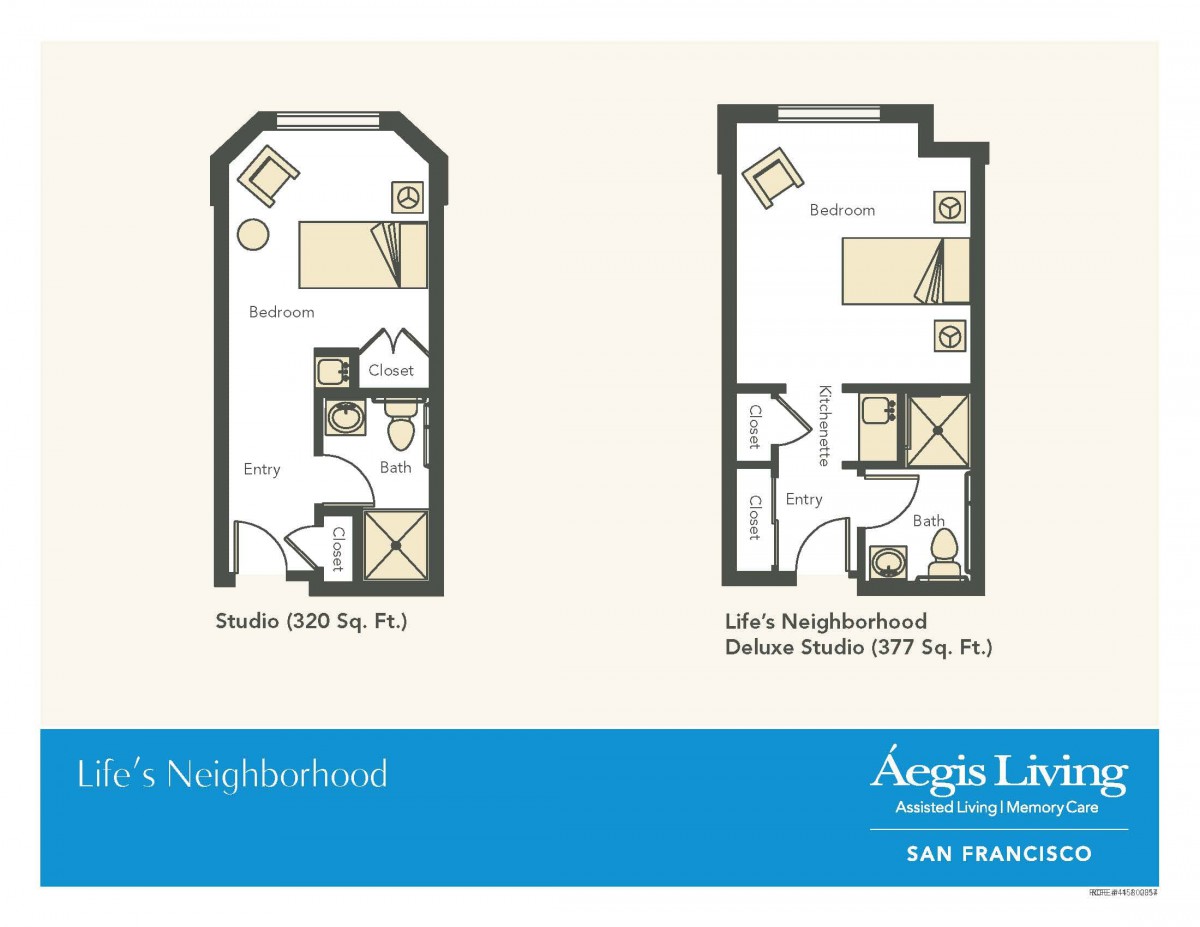 Floor plans for two different studio apartments, one measuring 328 sq. ft and the other 377 sq. ft.
