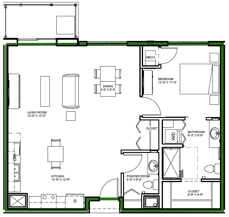 An architectural floor plan of an apartment showing the layout of rooms and furniture arrangement.