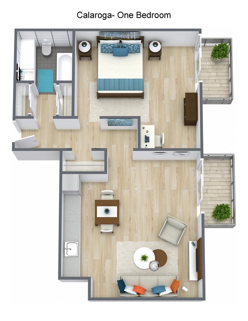 A 3D floor plan of a one-bedroom apartment featuring a spacious living room, kitchen, and bathroom.