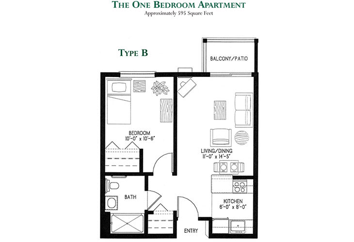 A floor plan of a one-bedroom apartment layout, featuring a living room, kitchen, bathroom, and balcony.