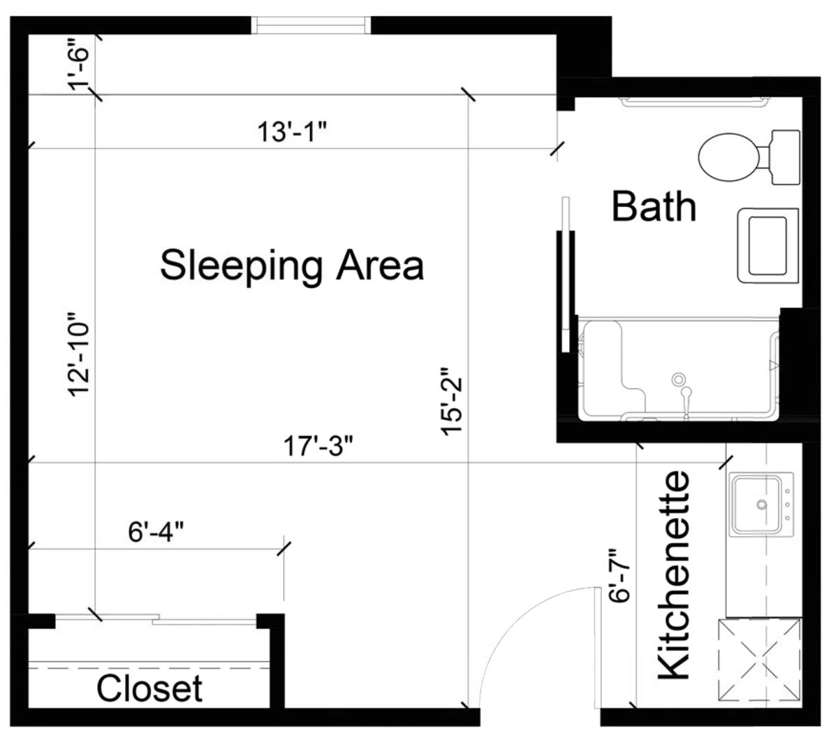 Studio apartment floor plan with sleeping area, kitchenette, bath, and closet.