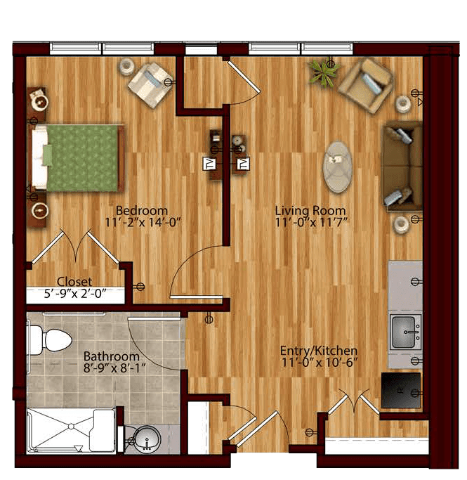 A floor plan of a one-bedroom apartment including a living room, kitchen, and bathroom.
