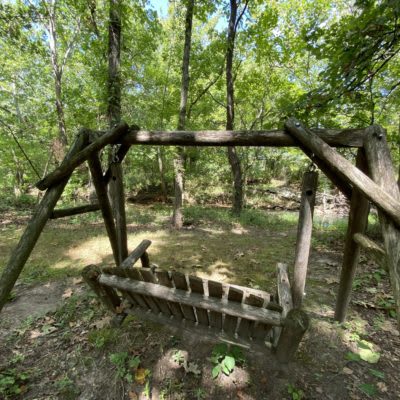 A rustic wooden swing set in a serene forest setting.