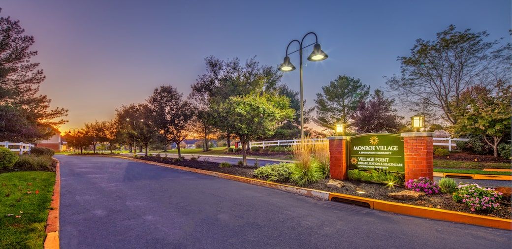 A peaceful park entrance illuminated by street lamps during the evening.