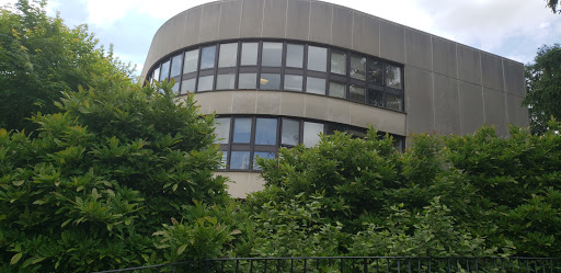A modern building surrounded by lush greenery.
