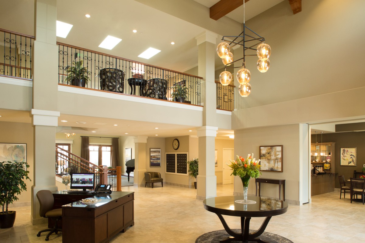 A modern lobby with elegant lighting and stylish furniture.