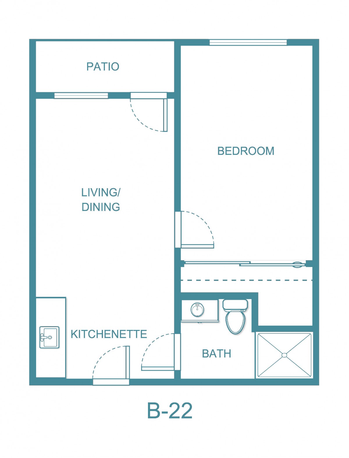 Compact one-bedroom apartment floor plan with a kitchenette, living/dining area, bathroom, and patio.