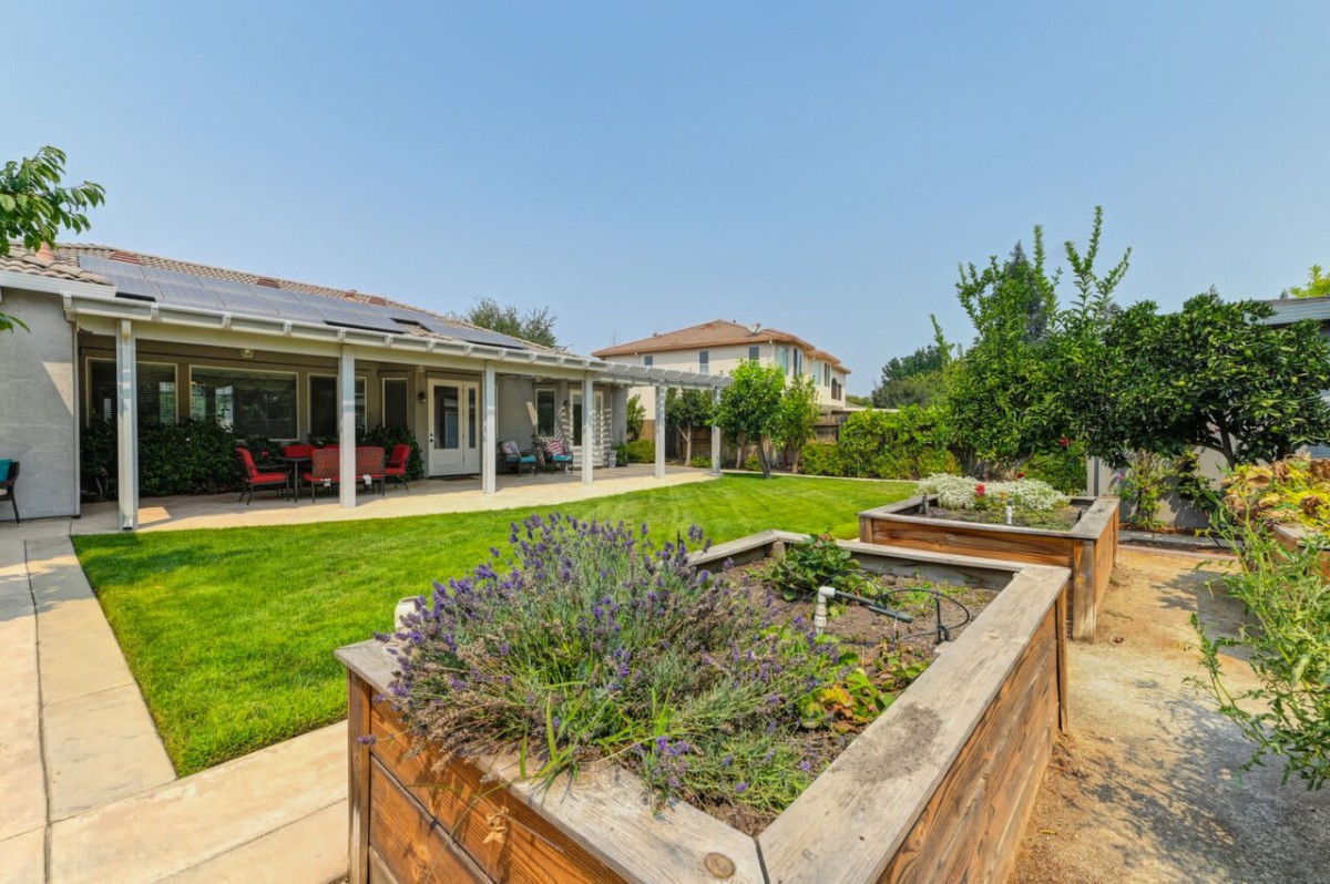 A suburban backyard with raised garden beds, a patio, solar panels on the roof, and a well-maintained lawn.