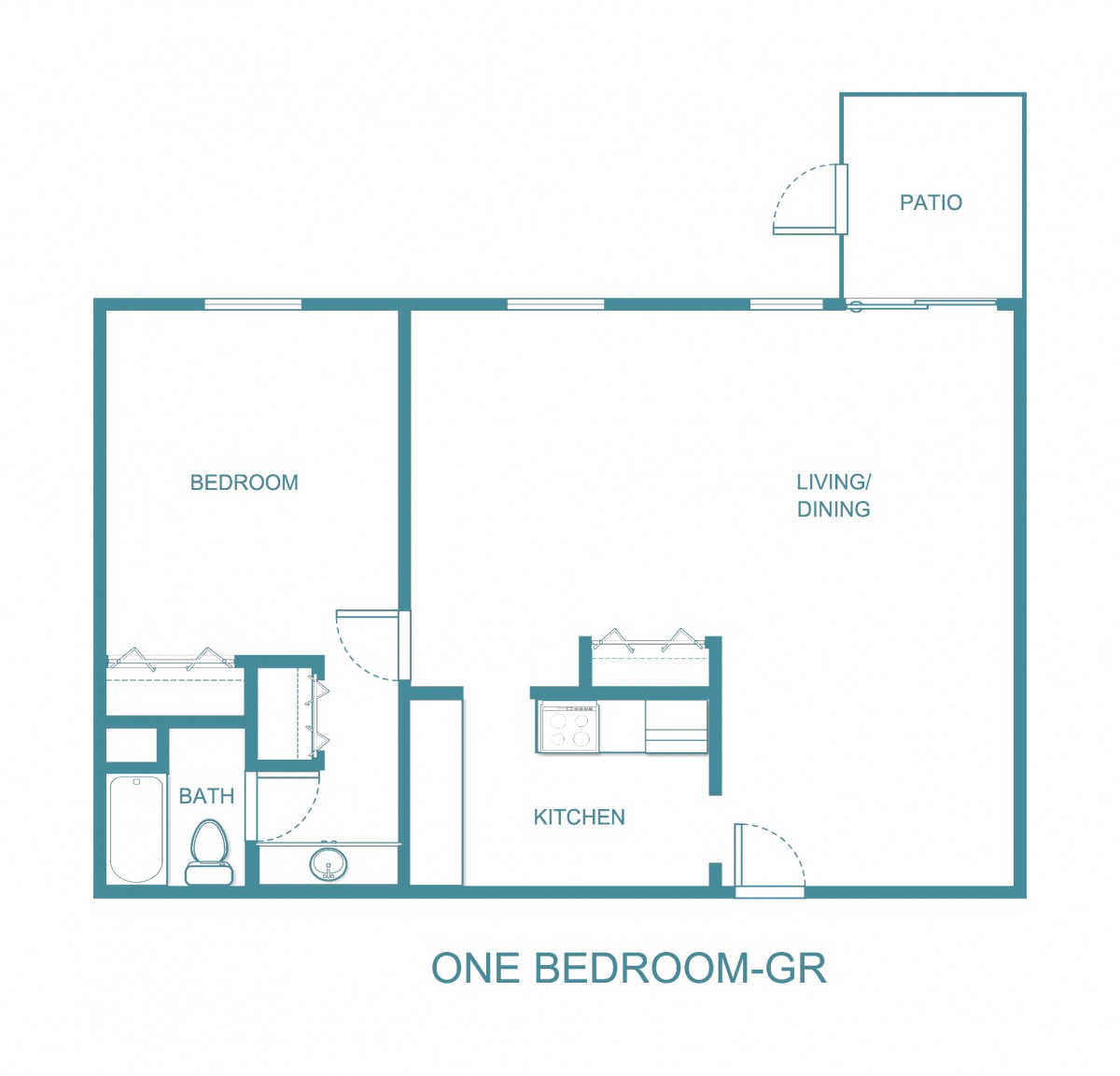 One-bedroom apartment floor plan layout.