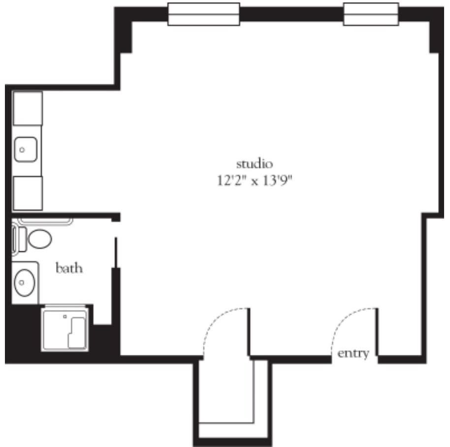 A floor plan of a studio apartment featuring a combined living and sleeping area, and a separate bathroom.