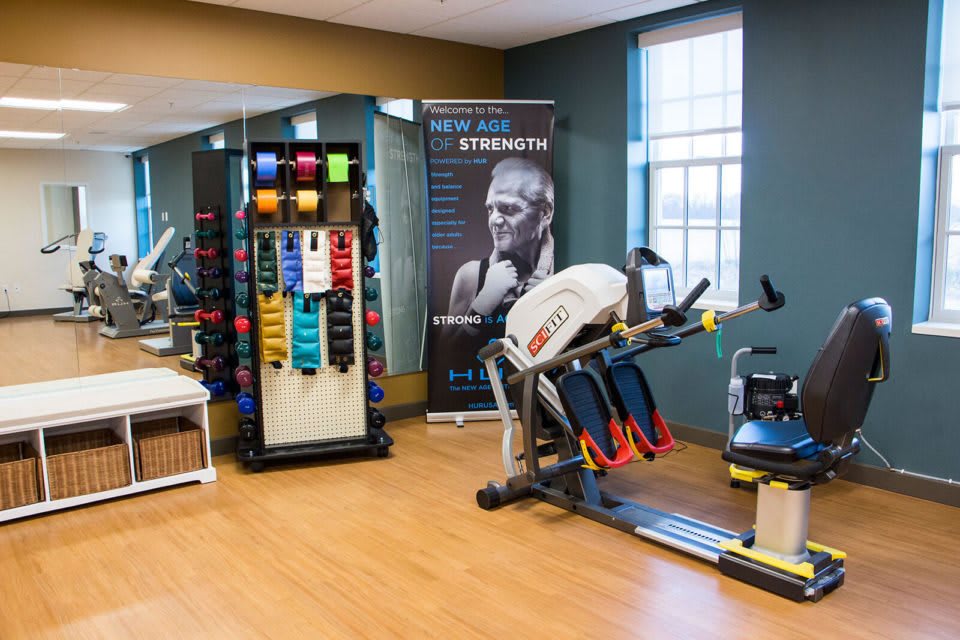A well-equipped gym room featuring various exercise equipment including a rowing machine and a colorful set of weights.