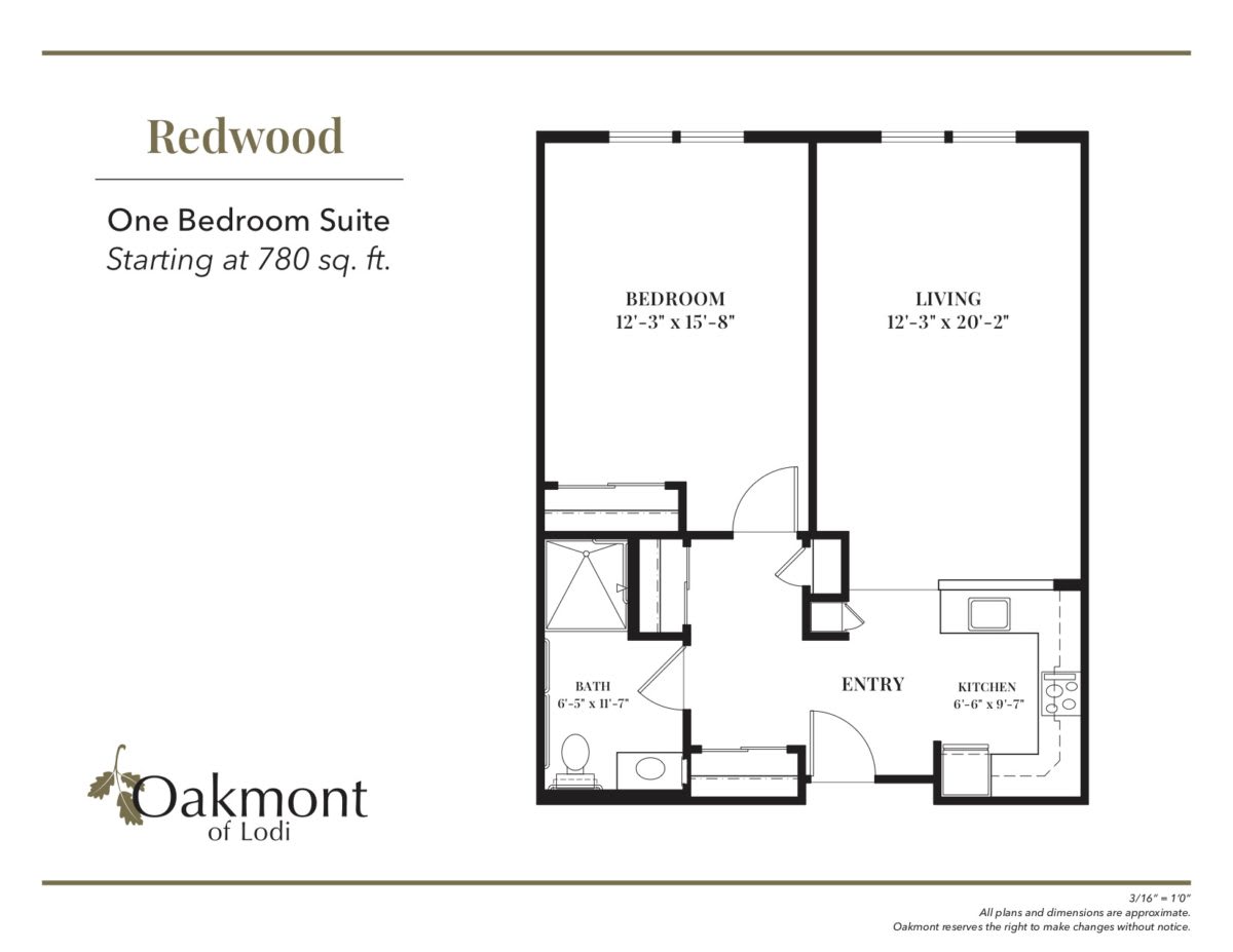 Floor plan of a one-bedroom suite in Oakmont at Flint, covering an area of 700 sq. ft.