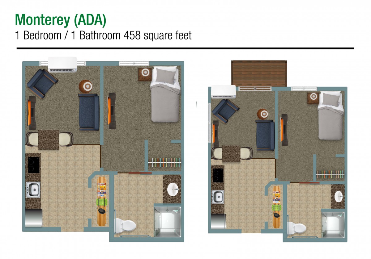 Floor plan of a one-bedroom, one-bathroom ADA apartment measuring 438 square feet.