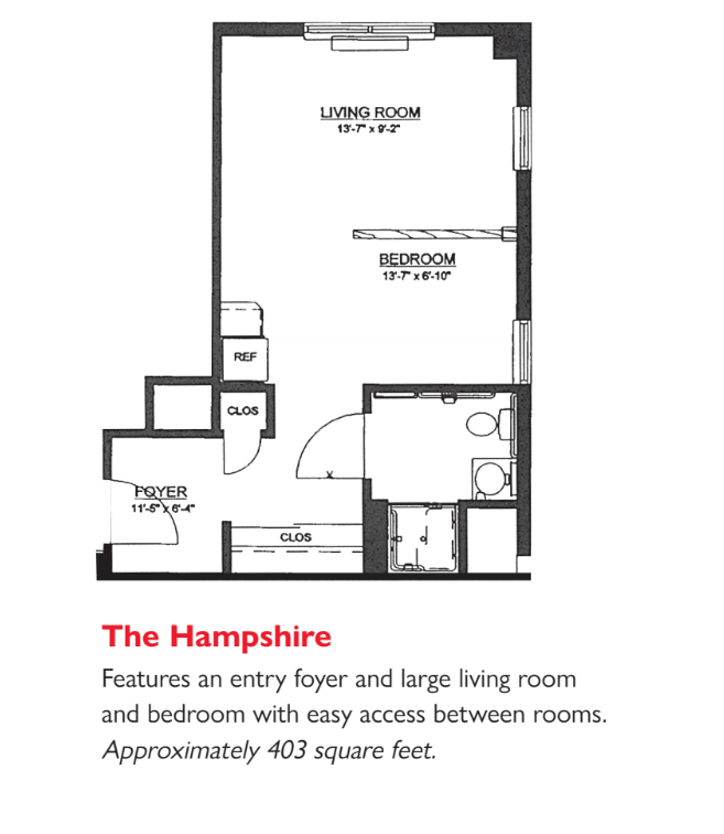 The Hampshire apartment floor plan featuring an entry foyer, large living room, and bedroom with easy access between rooms. Approximately 407 square feet.