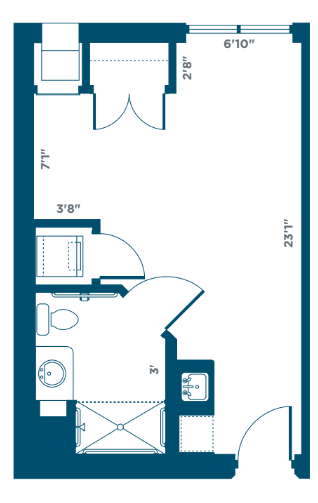 A compact apartment floor plan showing dimensions and layout of rooms.