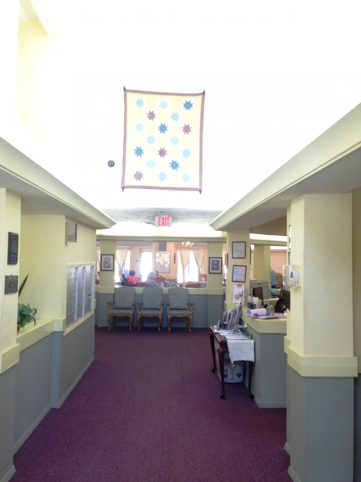 A well-lit office corridor with workspaces on either side and decorative elements.