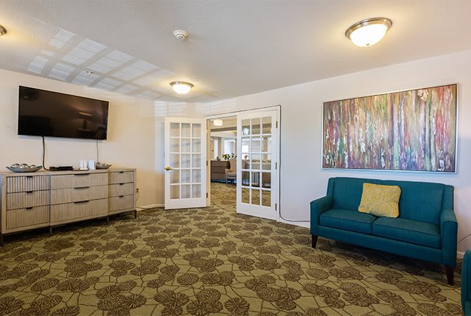 A well-decorated living room with a teal sofa, patterned carpet, wall-mounted TV, and art piece above the dresser.
