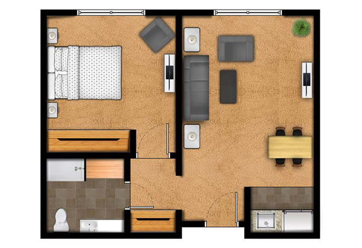 A detailed floor plan of a modern apartment featuring a bedroom, living area, kitchen, and bathroom.