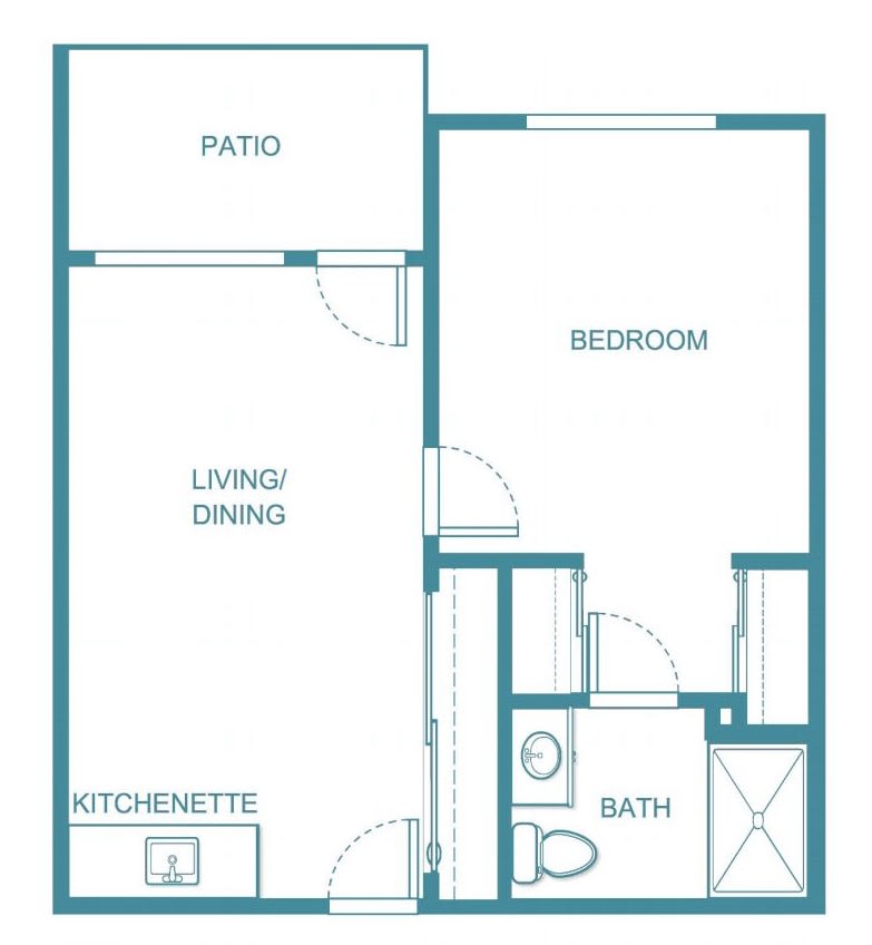 One-bedroom apartment floor plan with a living/dining area, bathroom, and patio.