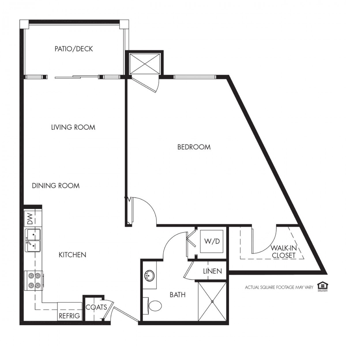 Floor plan of a one-bedroom apartment layout displaying kitchen, bathroom, and living room areas.
