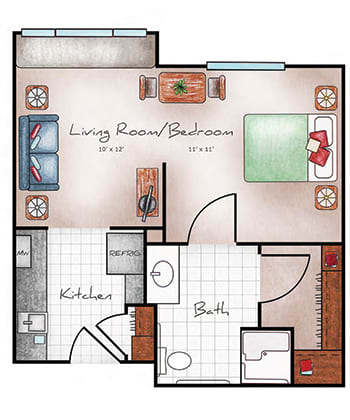 A floor plan of a studio apartment featuring a combined living room and bedroom, kitchen, and bathroom.
