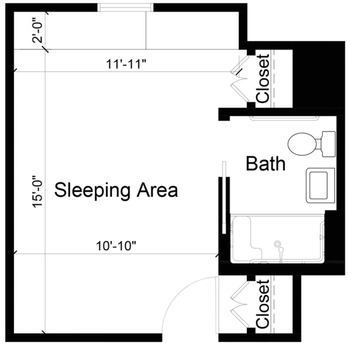 A compact studio apartment floor plan featuring a sleeping area, bathroom, and two closets.