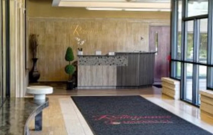 A stylish reception area with a modern desk and decorative elements.
