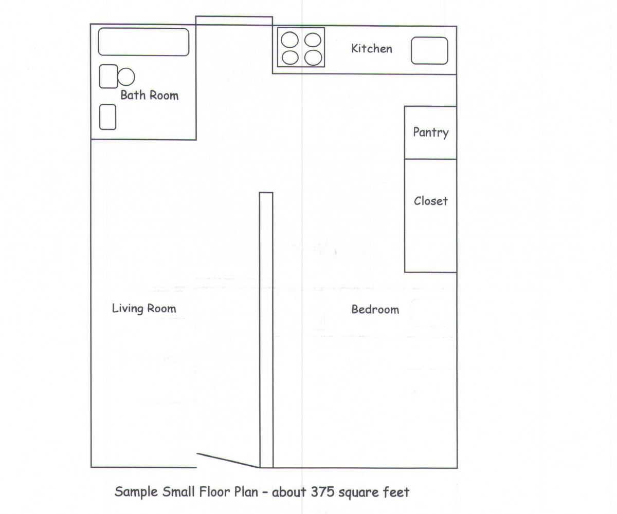 A floor plan of a small apartment approximately 375 square feet, showing a living area, kitchen, bath area, bedroom, pantry, and closet.