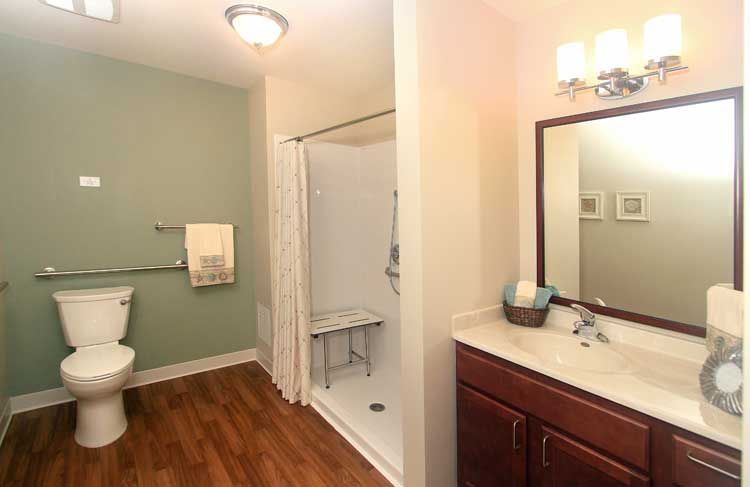 A modern bathroom with a walk-in shower and wood flooring.