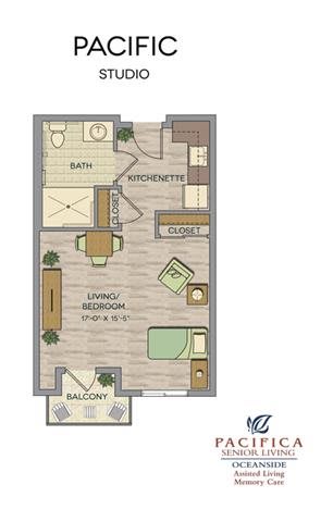 Studio apartment floor plan with a combined living and sleeping area, kitchenette, bathroom, and balcony.