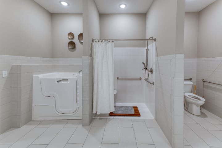 A modern, accessible bathroom featuring a walk-in tub and a shower with grab bars.
