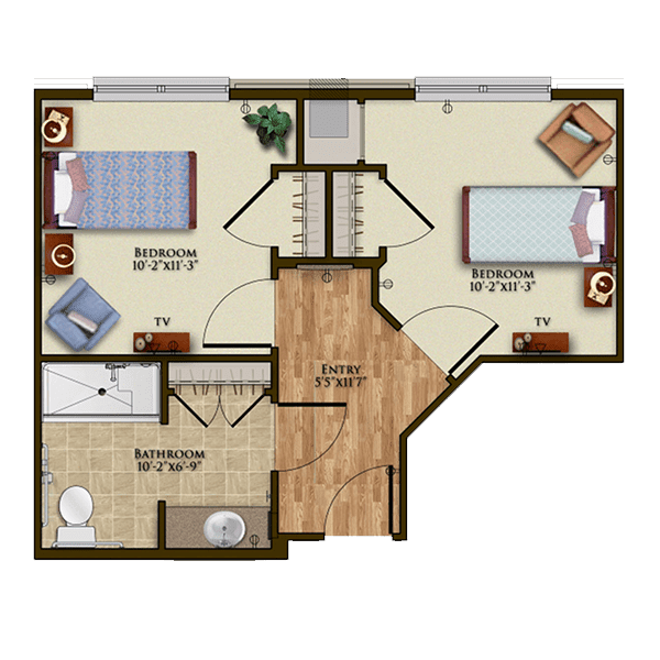 A floor plan layout featuring two bedrooms, a bathroom, and shared living space.