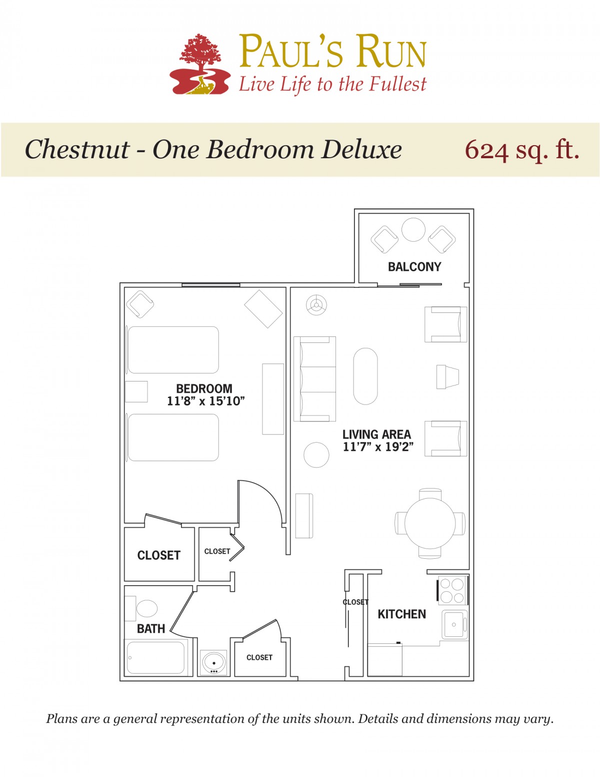 Floor plan of a one-bedroom deluxe apartment with a balcony, living room, kitchen, and closet.
