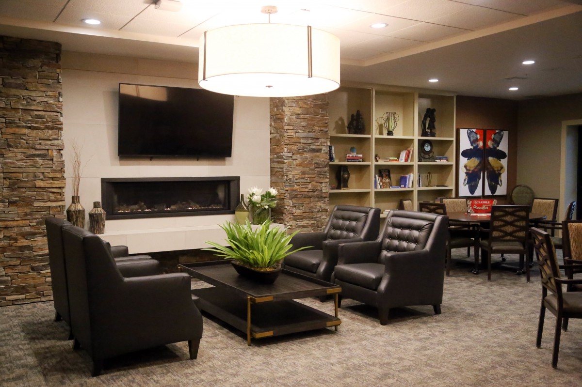 A modern lounge area featuring comfortable leather seating, a large television, and a decorative bookshelf.
