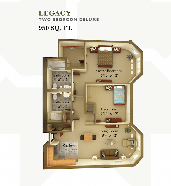 Floor plan of a two-bedroom deluxe apartment with a total area of 550 square feet.