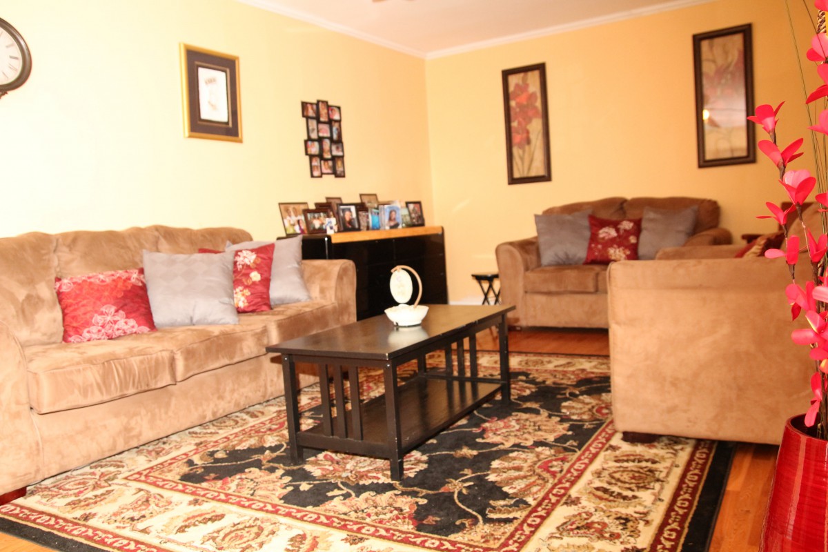 A cozy living room with comfortable sofas, a coffee table, and decorative elements.
