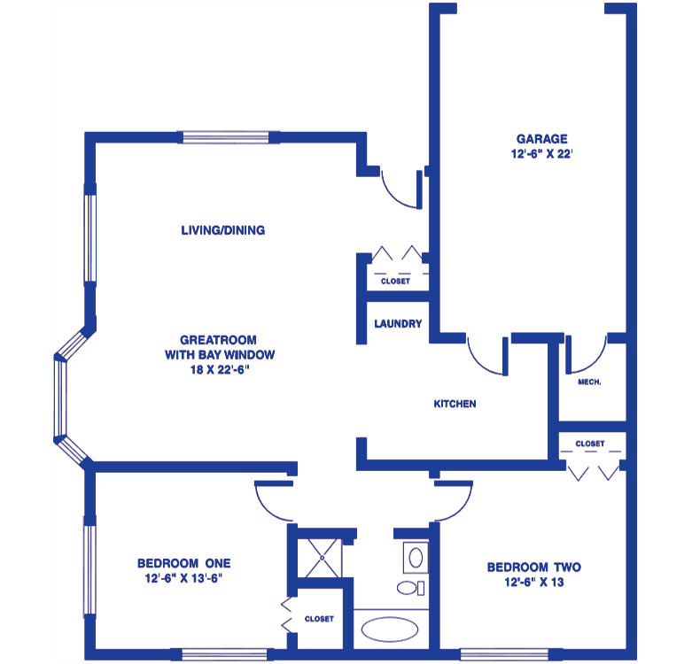 A floor plan of an apartment featuring two bedrooms, a bathroom, living/dining area, kitchen, laundry room, and garage.