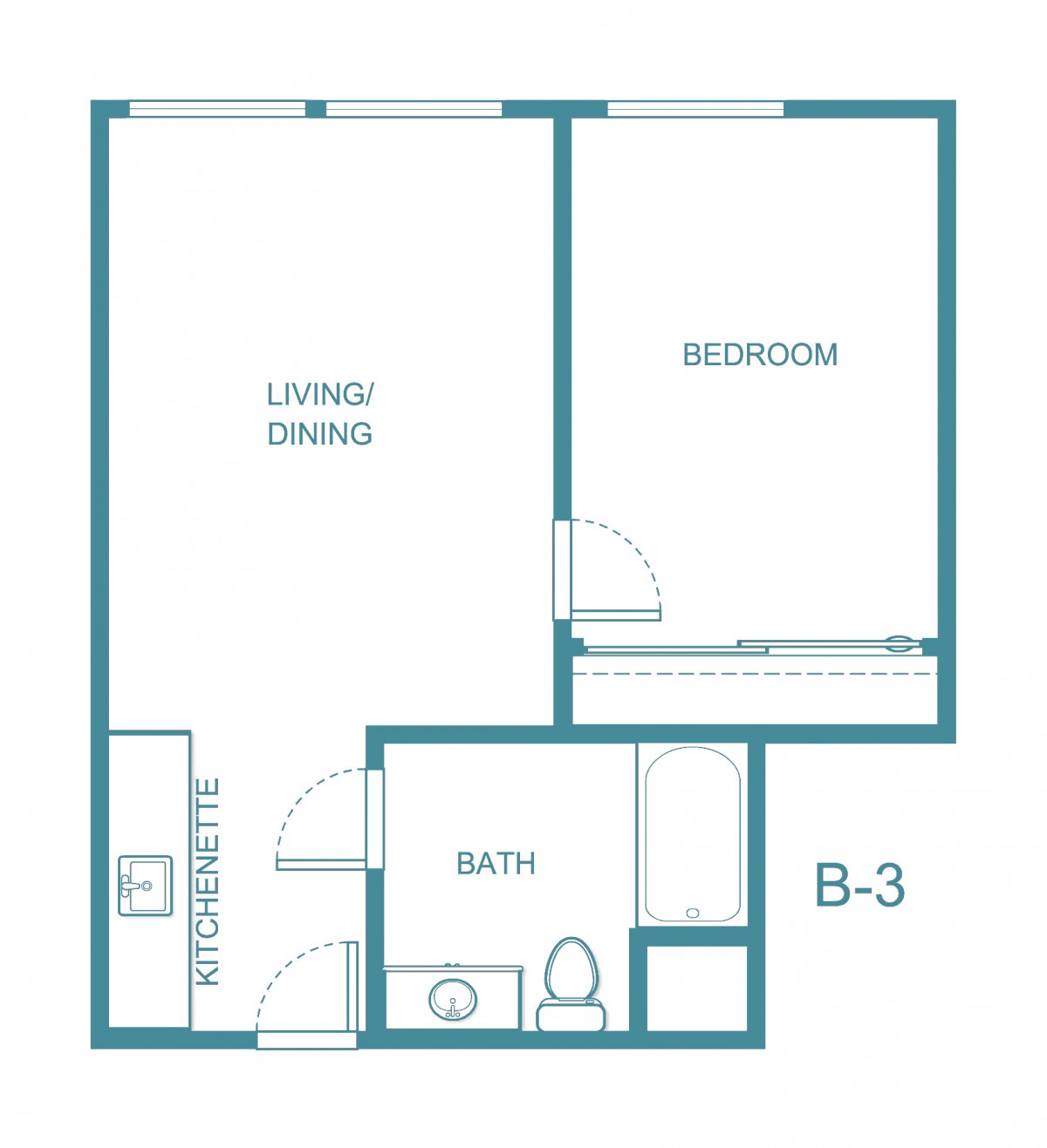 Floor plan of a one-bedroom apartment with living/dining area, kitchen, and bathroom.