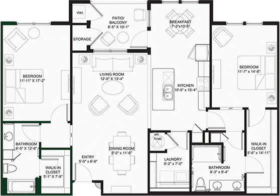 A detailed floor plan of an apartment showing the layout of rooms and living spaces.