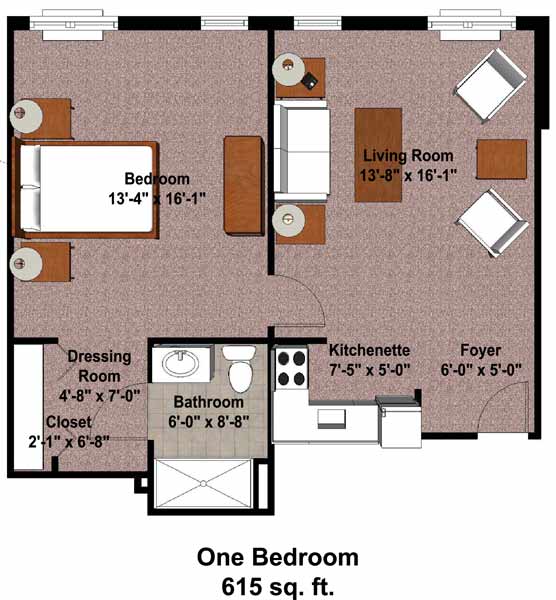 A one-bedroom apartment floor plan featuring a living room, kitchen, bathroom, and closet.