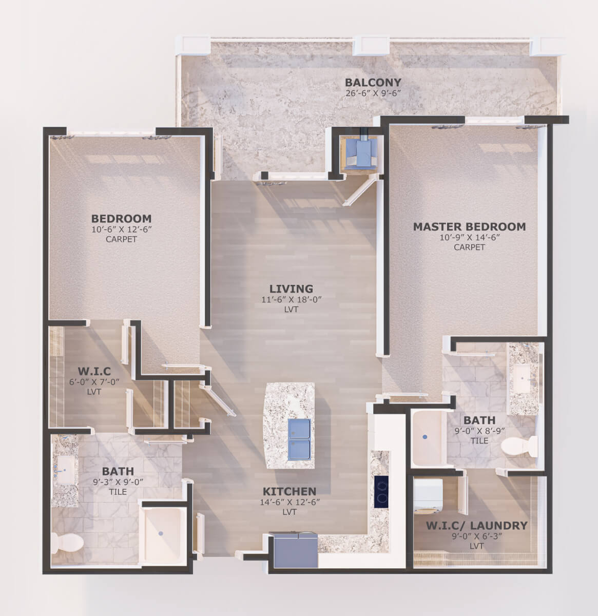 A detailed floor plan of a two-bedroom apartment with a balcony.