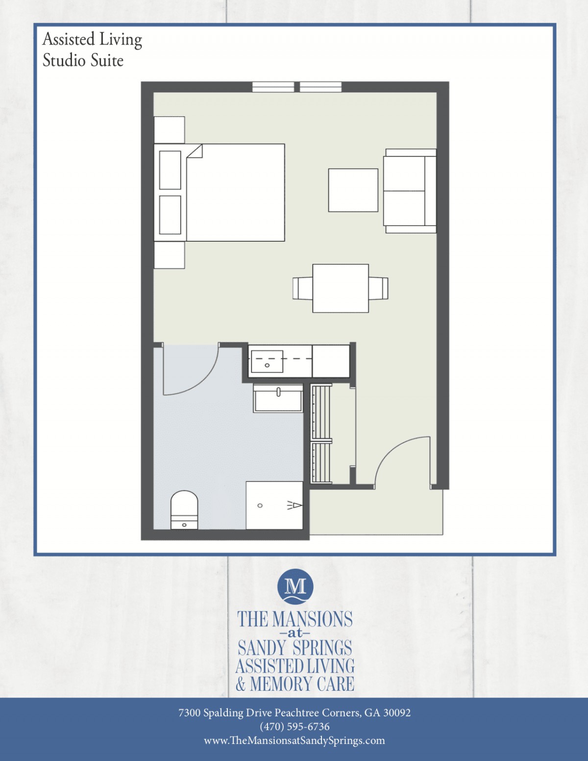 Studio apartment floor plan with designated areas for sleeping, living, and a bathroom.