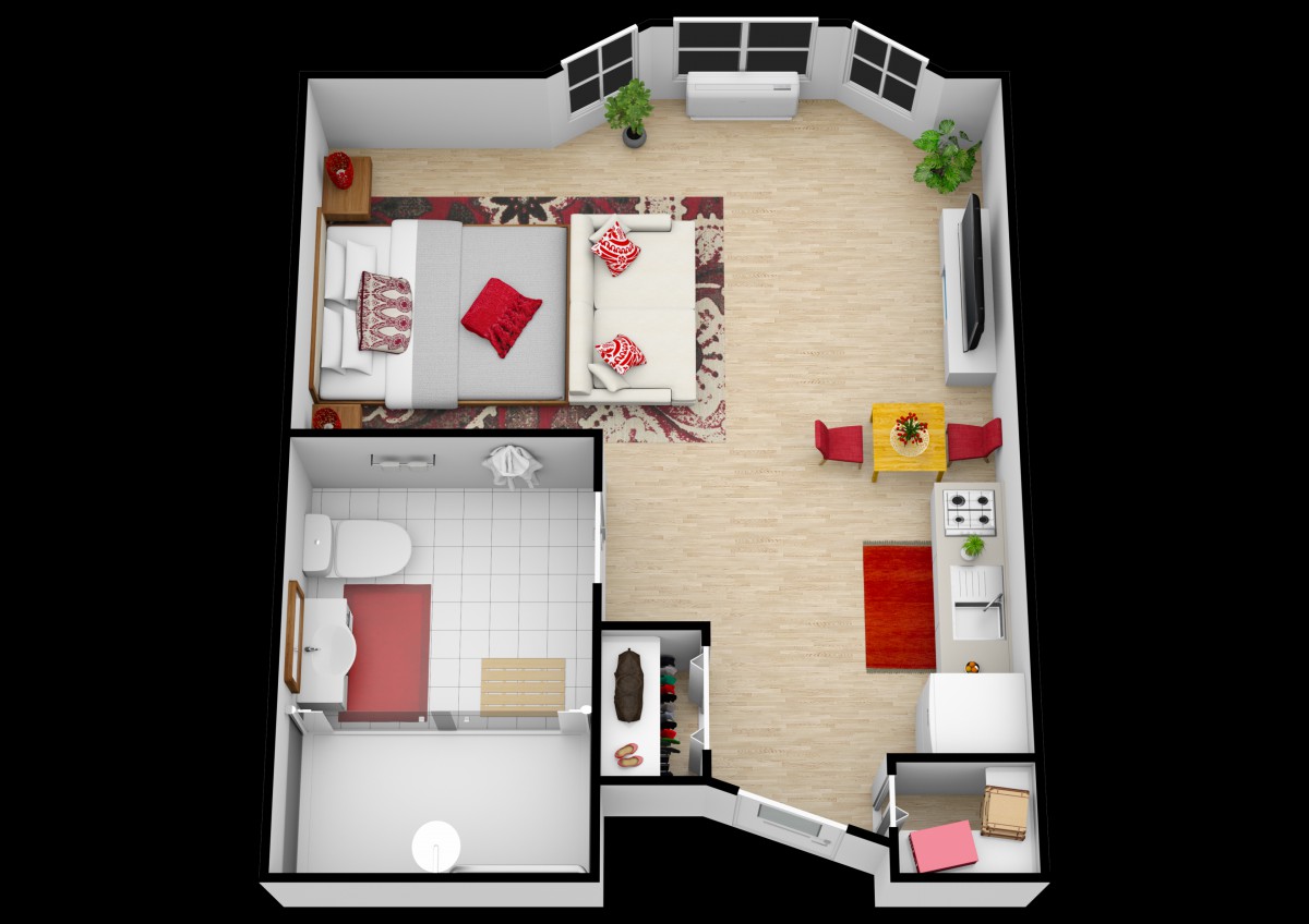 A 3D floor plan of a one-bedroom apartment featuring a living room, kitchen, and bathroom.