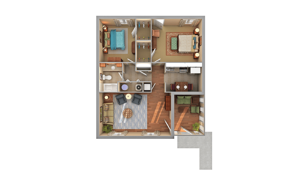 A detailed floor plan of a two-bedroom apartment, featuring a living room, kitchen, and bathroom.