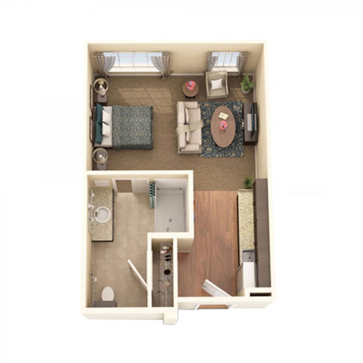 One-bedroom apartment floor plan with living room, kitchen, and bathroom.