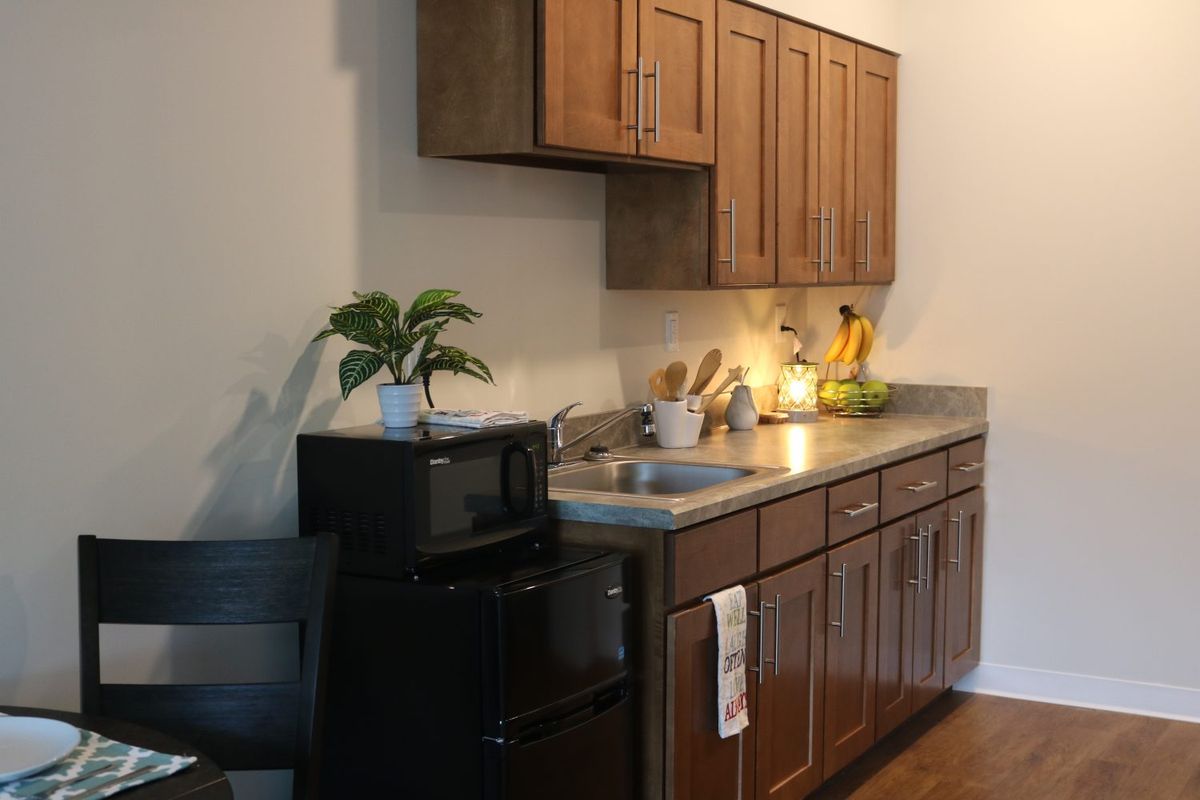 A cozy kitchen space featuring wooden cabinets and a compact countertop with a microwave and potted plant.