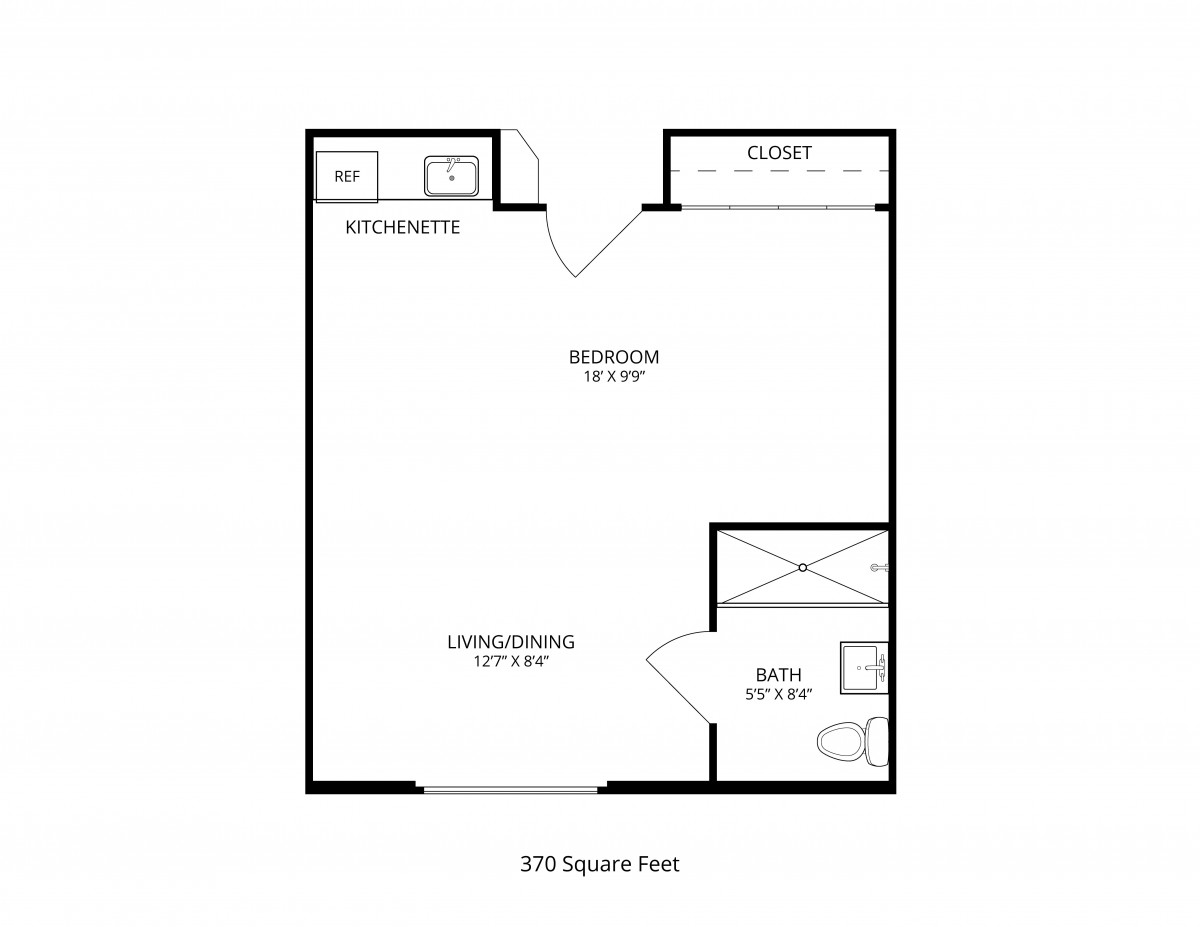 A floor plan of a studio apartment with living area, kitchen, bathroom, and closet.