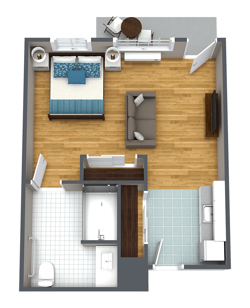A 3D floor plan of a 1-bedroom apartment, featuring a bedroom, living room, kitchen, and bathroom.
